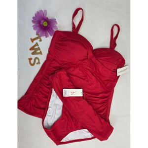 Jantzen Womens Red Ruched Tankini Two Piece Swimsuit Set Sweetheart Neckline